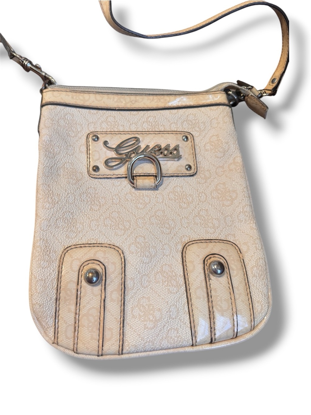 GUESS Cream Logo Crossbody Bag with Silver Hardware